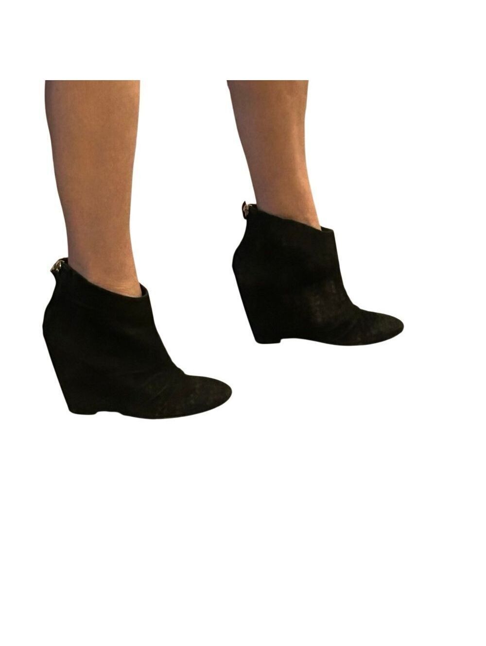 BCBG suede leather black 4” wedge Ruched ankle booties boots 8.5 Whimsigoth
